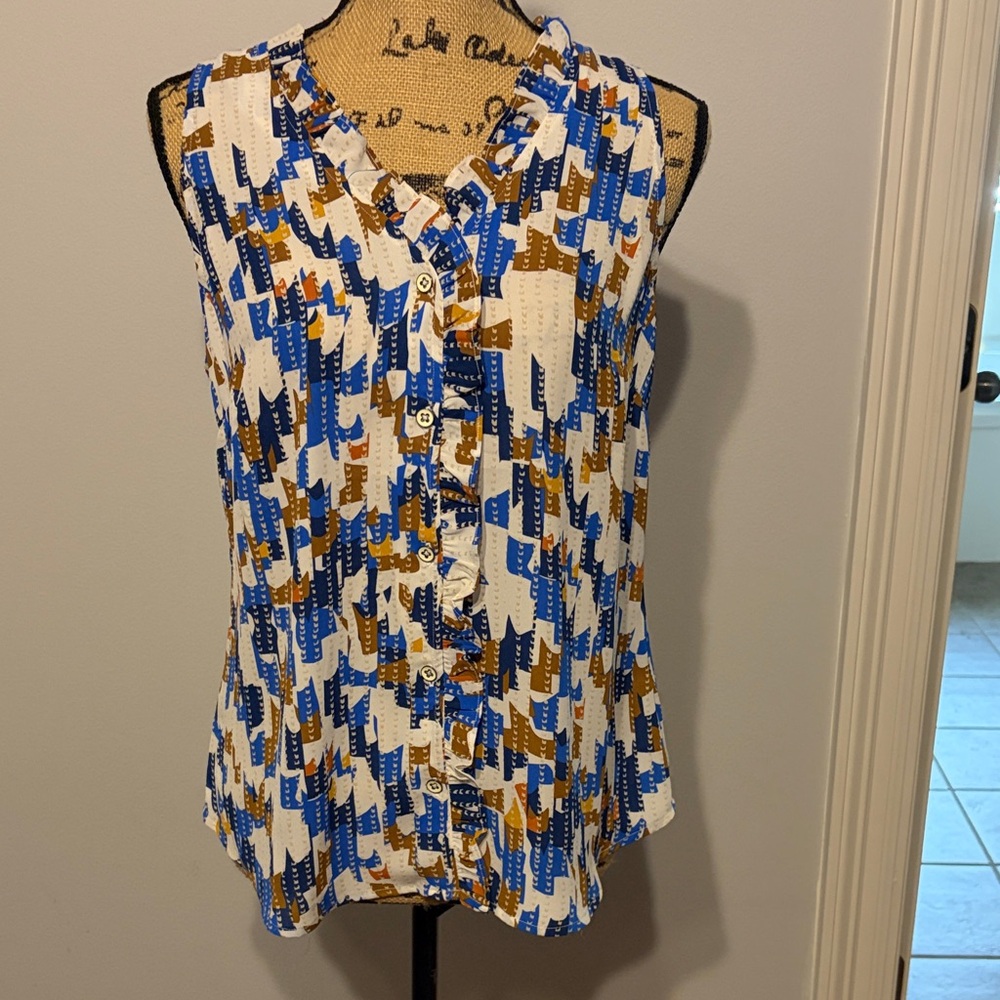 CAbi Blue and Brown Abstract Sleeveless Blouse